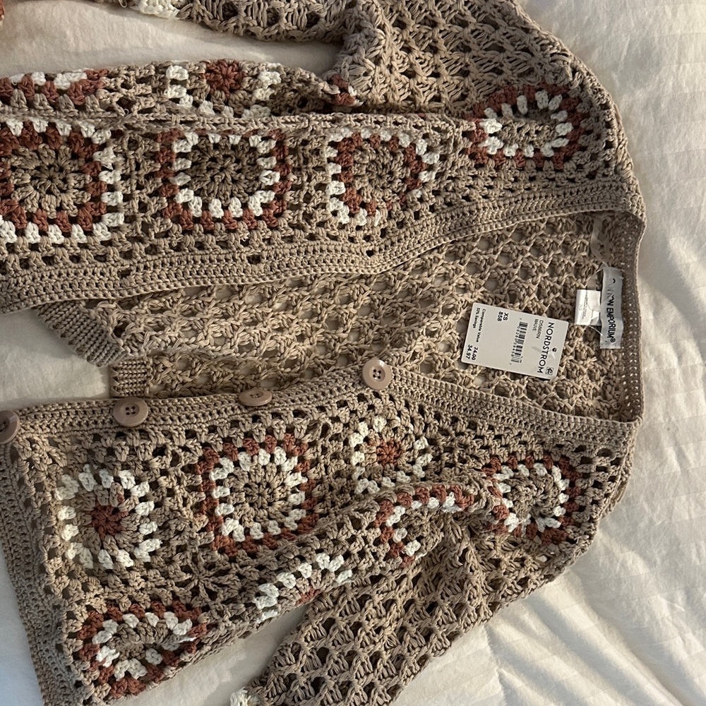 Cotton Emporium Crochet Cardigan in Tan and Cream